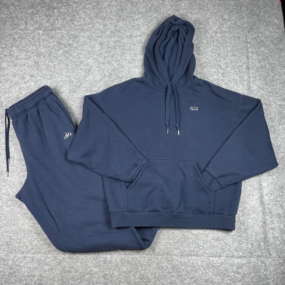 Alo Yoga Accolade Sweat Hoodie And Joggers Set Womens L Navy Blue Oversized